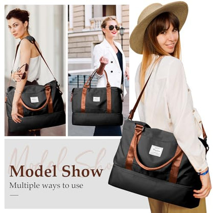 Weekender Bags for Women,Personal Item Travel Bag with Shoes Compartment - color: B-BlackBrown-3PCS-4051, size: Large