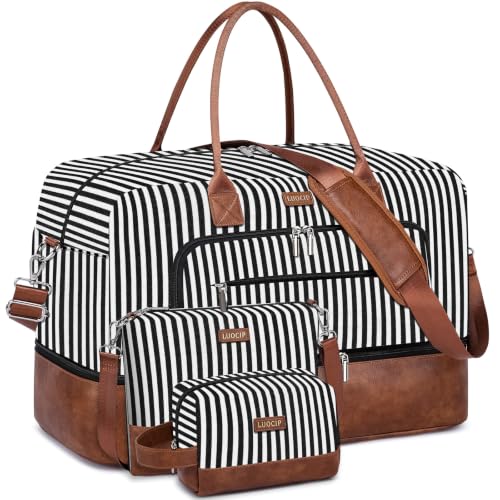 Large Women Travel Weekender Bag: Carry on Duffle with Shoe Compartment - color: 02 Black Striped