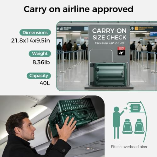 Carry on Luggage Aluminium Frame with Cup Holder,Top opening Suitcases and USB Charging Port,Lightweight with Front Pocket Rolling Suitcases with Spinner Wheels (Green, 20Inch) - color: Green