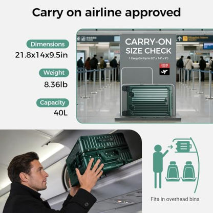 Carry on Luggage Aluminium Frame with Cup Holder,Top opening Suitcases and USB Charging Port,Lightweight with Front Pocket Rolling Suitcases with Spinner Wheels (Green, 20Inch) - color: Green
