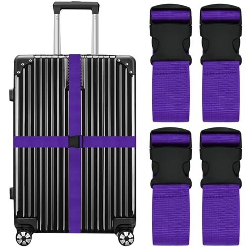 Luggage Straps for Suitcases Travel Belt Suitcase Strap, Heavy Duty with Quick-Release Buckle Suitcase Safe Belt with Name Card, Bright Color Adjustable Luggage Belts, TSA Approved, 4 Pack, Purple - color: 4 Pack_Purple