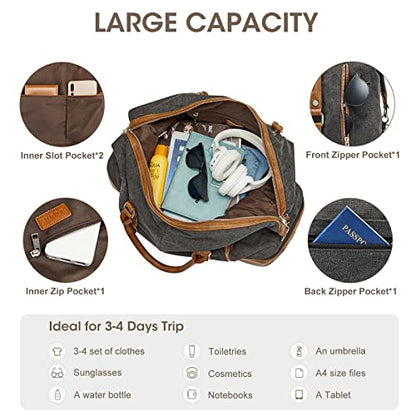 S-ZONE Weekender Bag for Men Canvas Duffle Large Weekend Overnight Travel Carry On Tote Bag with Shoe Compartment Black | Anti-wrinkle Canvas,Adjustable Shoulder Strap,1 Main Compartment and 7 Pockets,with Shoe Compartment - color: B-Black