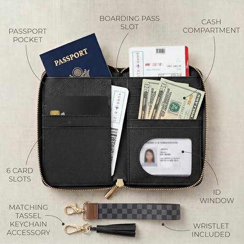 Beautiful Passport Holder And Travel Wallet with Wristlet Strap - color: Black