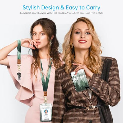 2-in-1 ID Badge Holder & Lanyard Wallet，Cute Zippered Pouch Forest - color: Forest