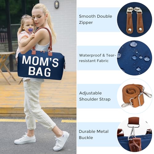 printe Mommy Diaper Bag Tote with 2 Organizer Pouches, Spacious 17.7in Mom’s Bag for Hospital and Weekender Travel, Navy - color: Navy