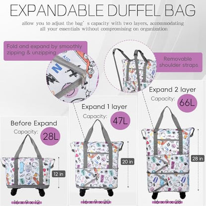 Rolling Duffel Bag with Wheels - Foldable Expandable Duffle Bag with Wheels for Travel, Rolling Luggage Bag Carry On Bag with Wheel, Large Rolling Backpack Weekend Bag for Men Women (White) - color: White