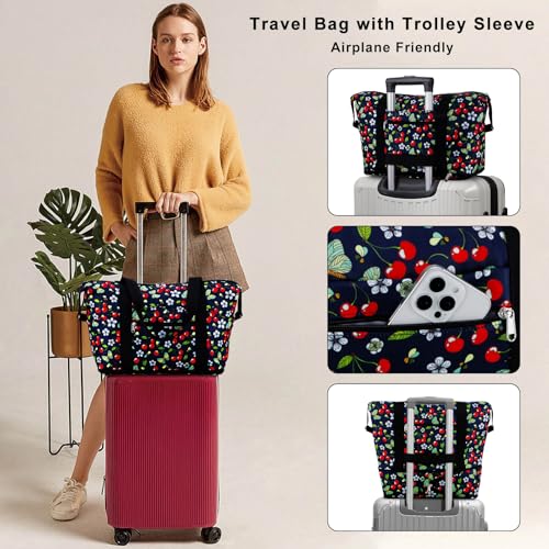 Expandable Duffel Bag for Women with Trolley Sleeve/Wet Pocket Weekender Travel Tote Large Carry On Overnight Luggage - color: Cherry