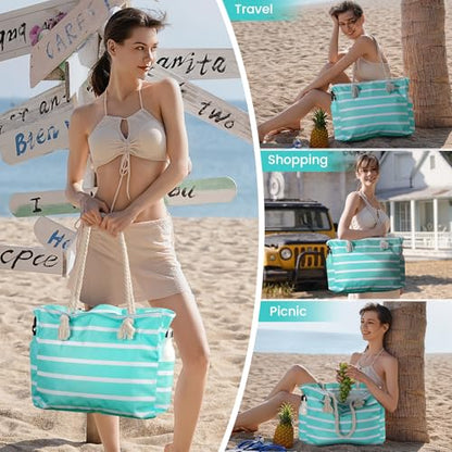 Clothirily Beach Bag for Women, Large Beach Tote Bag Waterproof with Zipper - color: B-green