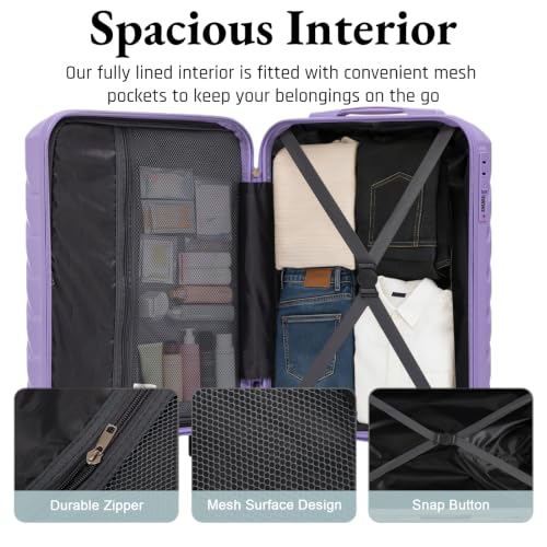 20 Inch ABS Hard Shell Checked Luggage – Scratch Resistant Surface, 4 Quiet Multi-Directional Spinner Wheels, Durable Travel Suitcase with Combination Lock,Purple