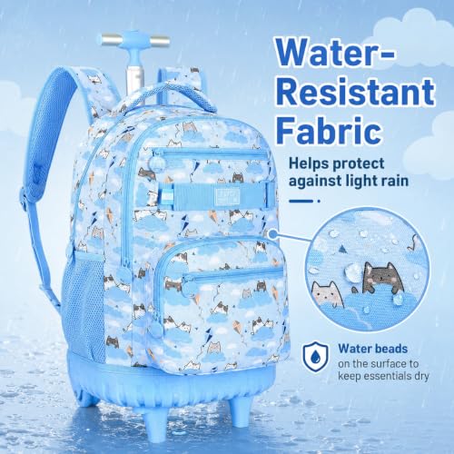 UFNDC 3PCS Rolling Backpack for Girls, Women Blue Cloudy Cat Backpacks with Wheels，Water-Resistant Travel Roller Wheeled Bookbag - color: Rolling Backpack Cloud Cat Blue