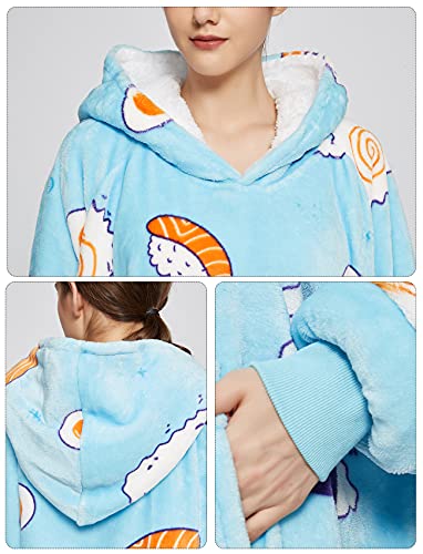 KFUBUO Wearable Blanket Hoodie for Adults With Pocket Sushi Hoodie - color: Blue Sushi, size: Adult