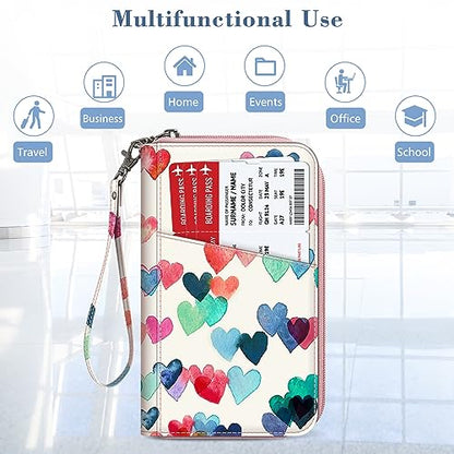 FINTIE Family Passport Holder Wallet Travel Document Organizer Clutch Bag - color: Raining Hearts
