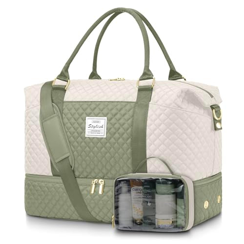Travel Weekender Duffle Bag for Women: Overnight Bags with Shoe Compartment - color: Beige Green, size: Large