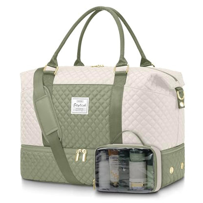 Travel Weekender Duffle Bag for Women: Overnight Bags with Shoe Compartment - color: Beige Green, size: Large