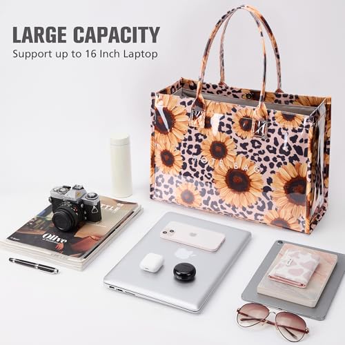 KALIDI PVC Tote Bag Women’s Kraft Paper Work Handbags Purses with Top Handle - color: Leopard Sunflower