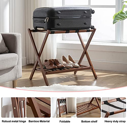 Luggage Racks Set Of 2 Suitcase Stand Foldable With Storage Shelf For Guest Room Hotel Essentials Solid Bamboo Heavy-Duty Item Holder Chestnut Brown