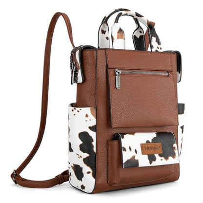 Montana West Wrangler Cow Print Backpack Purse for Women Vegan Leather Ladies Convertible Backpack Stylish Anti Theft Backpack with Adjustable Strap - color: A Classic Brown-cow Print