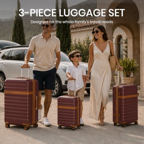 Kono 3-Piece Luggage Set 20/24/28in Expandable Hardside TSA Lock Burgundy - color: Burgundy, size: 3-piece set (20/24/28)