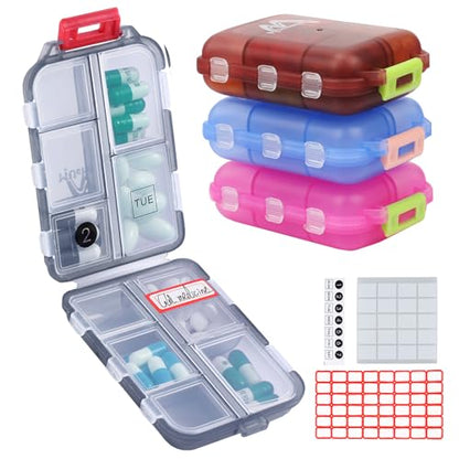4PS Travel Pill Organizer 10 Compartment Folding Small Pill Case Four Color - color: Dark Red + Gray + Pink + Blue