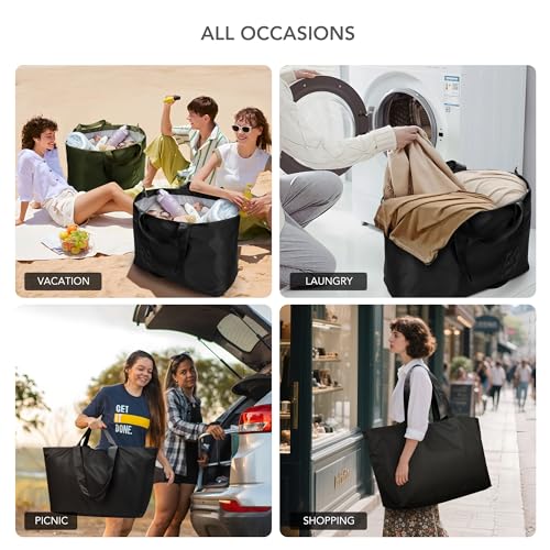 KALIDI 60L Extra Large Beach Tote Oversized Bag Zipper Utility Weekender - color: All Black