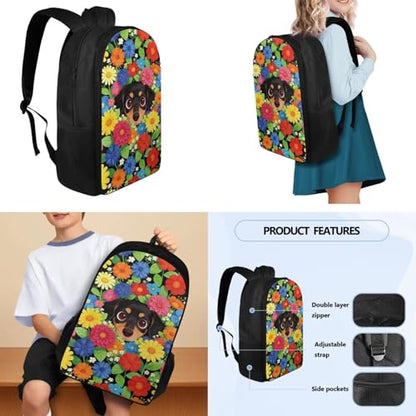 Kids 4 pcs Dachshund Flowers Backpack Set School Supplies School Bags Book Bag with Insulated Lunch Bag Kit Pen Bags Water Bottle Sleeve Set for Kids Girls - color: Dachshund Flowers
