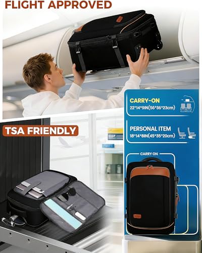 Vancropak Travel Backpack with Wheels, Rolling Backpack Fits 17.3" Laptop - color: Black Brown