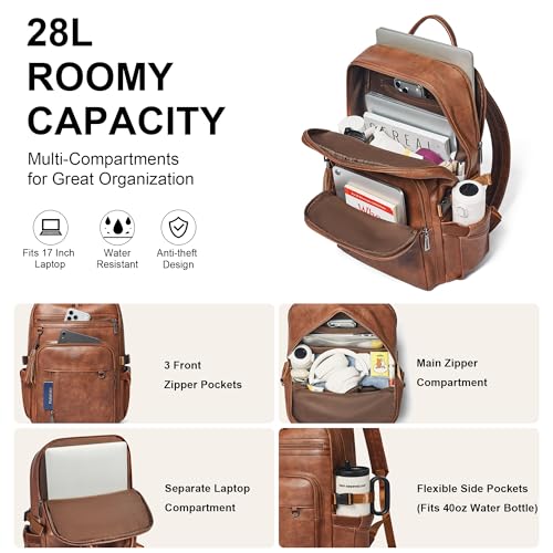 Shrrie 17 Inch Leather Laptop Backpack for Women with Giant Tumbler Holders - color: Caramel Brown