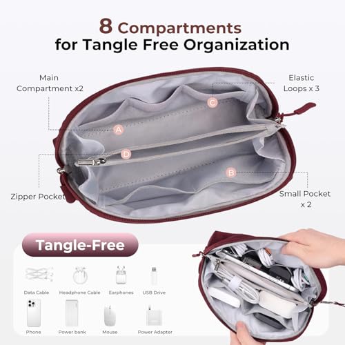 FYY Travel Cable Organizer - 8 Compartments, Lightweight, Water Repellent - color: Wine Red, size: (M) 8.9"× 5.1"× 3.3"