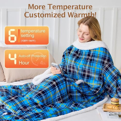 Wearable Heated Blanket with Foot Pocket &Sleeves, Electric Heated Robe - color: Blue Plaid, size: Long