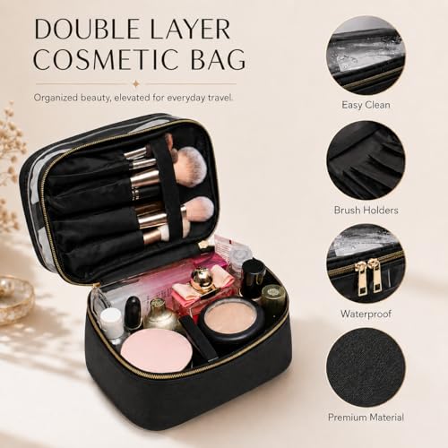 3PCS PU Leather Makeup Bag, Large Travel Cosmetic Pouch, Cute Toiletry Organizer for Women, Black - color: Black 3pc