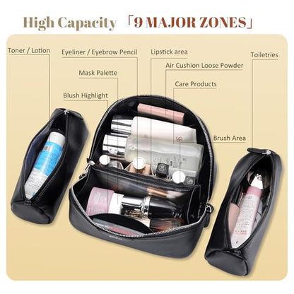 BOYATU Genuine Leather Travel Makeup Bag: Hand-made 3 Pcs Set Cosmetic Bags - color: 02Obsidian