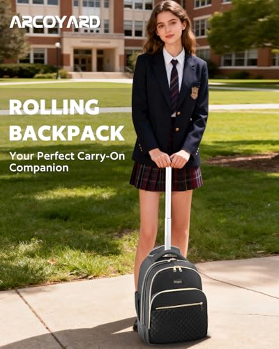 Arcoyard Rolling Backpack for Women, 15.6 Inch Travel Backpack with Wheels - color: Black Gold, size: 15.6-inch