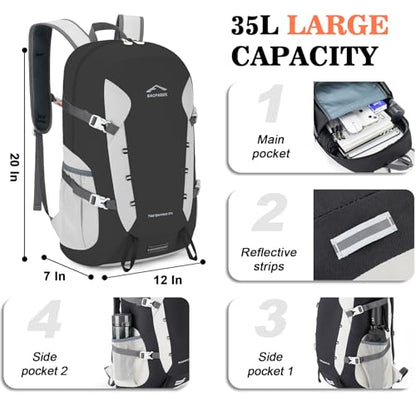 BAGPARKK 35L Ultra Lightweight Foldable Packable Hiking Backpack - color: Black-white（35l）