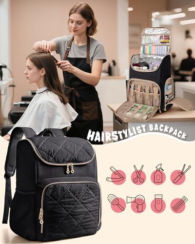 Marscamd Insulated Hairstylist Travel Bag Backpack with Detachable Divider - color: Black