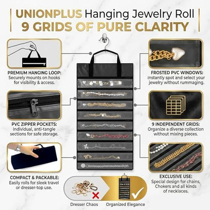 UnionPlus Velvet Jewelry Roll Organizer, 9 Grids, Black - color: Black, size: 9-Grids