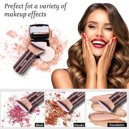 Makeup Brush Retractable Kabuki Face Brushes Portable Travel Blush Brush - style: Flat-Angle-Brown
