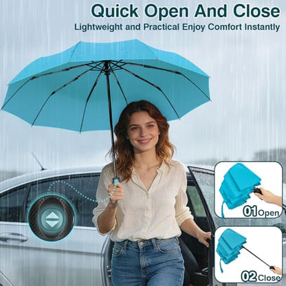 ZOMAKE Travel Umbrella Compact - 10 Ribs Portable Collapsible Umbrellas for Rain Windproof - Paraguas Automatic Small Folding Umbrella Lightweight Packable Umbrella for Women Men - color: Light blue