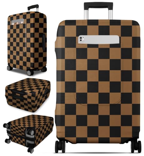 Slohif Classic Brown Checkered Luggage Cover with Storage Pocket 28-30 inch - color: Khaki Black Checkered, size: L-(28-30)Inch