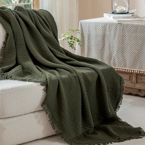 Muslin Fringe Blankets for Adults: 100% Cotton Cloud Soft - color: Olive Green, size: Throw (50" × 60")