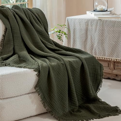 Muslin Fringe Blankets for Adults: 100% Cotton Cloud Soft - color: Olive Green, size: Throw (50" × 60")