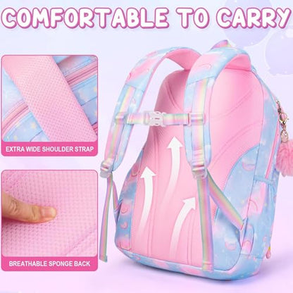 Fimibuke 3PCS Kids Backpack for School Girls with Lunch Box & Pencil Case - color: Blue Rainbow