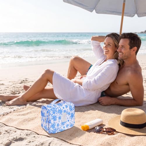Hanging Toiletry Bag for Women, Portable Cosmetic Summer Beach Bag, Floral - color: blue&white