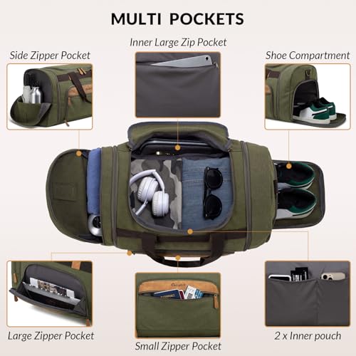 Canvas Duffle Bag 50L Expandable Travel Weekender Bags, Army Green - color: Army Green