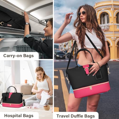 Leather Weekender Bags for Women, Travel Duffel Bag PU Overnight Bag Carry On Tote Bag with Shoe Compartment Wet Pocket - color: Black Pink, size: Large