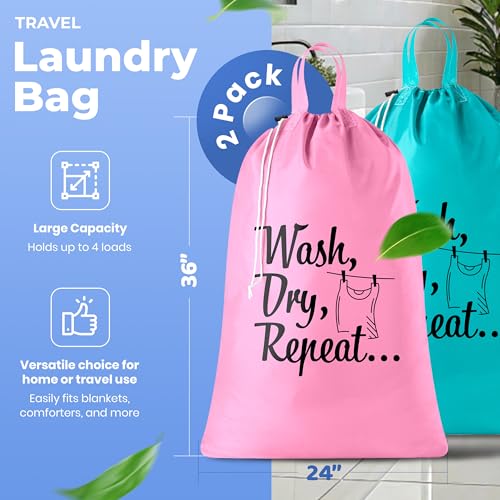 Handy Laundry Extra Large Travel Laundry Bags 2-Pack – Heavy Duty, Water-Resistant, Holds 4 Loads, Drawstring Closure, Fun Print for Camping, Dorms, Travel, Pink-Teal, 24 x 36 in - color: Pink-teal | Wash Dry Repeat