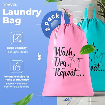 Handy Laundry Extra Large Travel Laundry Bags 2-Pack – Heavy Duty, Water-Resistant, Holds 4 Loads, Drawstring Closure, Fun Print for Camping, Dorms, Travel, Pink-Teal, 24 x 36 in - color: Pink-teal | Wash Dry Repeat