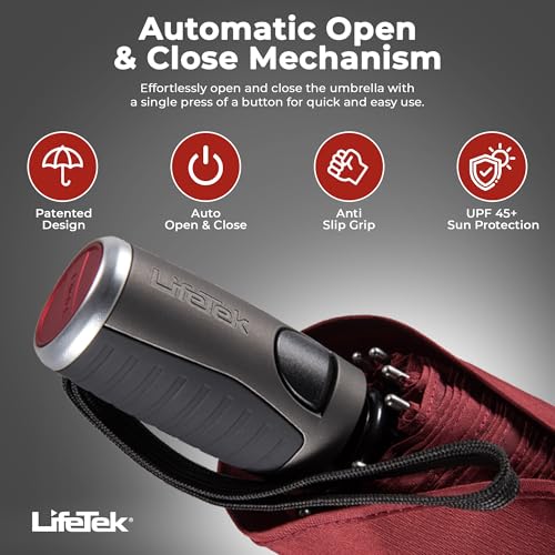 LifeTek Premium Travel Umbrella - Windproof & Compact for Men & Women, Automatic Open Close, Fits in Purse Laptop Bag or Backpack, Strong Frame for Heavy Rain & Sun UV Protection - color: 45 Inch Red FX2 Double Canopy