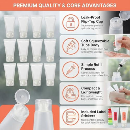 12 Pack 30ml/1oz Travel Bottles, Clear Flip Cap Squeeze Tubes, Refillable Empty Toiletry Containers with Label Stickers & Filling Tool for Shampoo, Body Wash, Facial Cleanser - size: 30ML/1oz