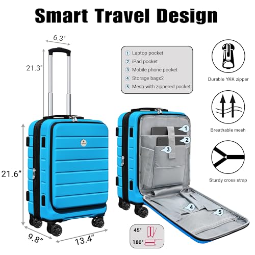 KEYTANG Classic 20" Carry-On with TSA Lock Spinner Wheels, Lightweight Hardside Expandable Suitcase with Front Open Pocket Compartment, Blue - color: Blue, size: 777-Carry-on