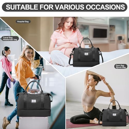 Weekender Bags for Women,Travel Duffle Overnight Bag with Shoe Compartment - color: A-Black-3Pcs-0022, size: Large